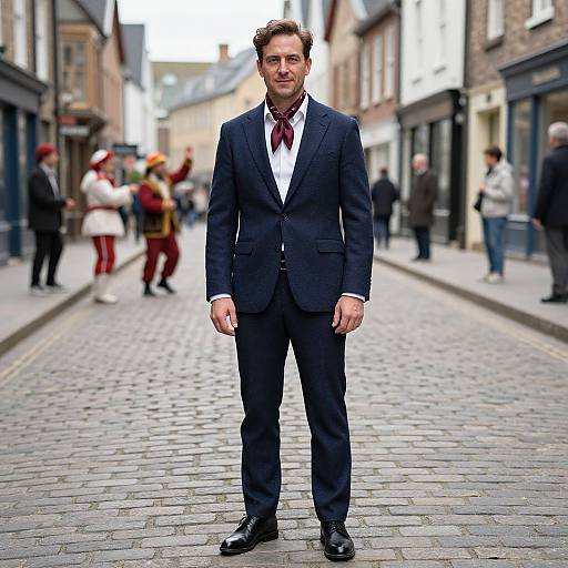 Photograph of a serious, tall, Caucasian man in a dark navy suit, white shirt, red tie, standing on a cobblestone street with