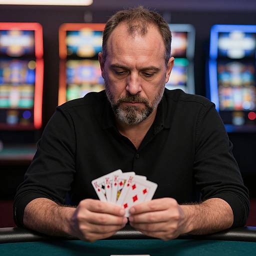 Middle-aged man with short brown hair and beard, wearing black shirt, intensely examines winning poker hand at casino table.