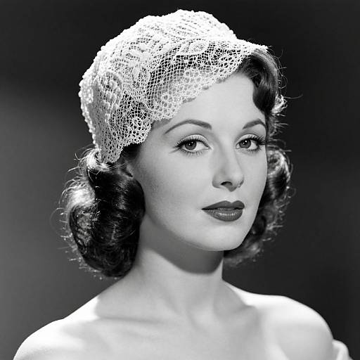 Black-and-white photograph of a 1940s-style woman with wavy, dark hair, wearing a delicate, lacy headpiece and dark lipstick