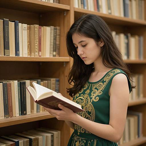 Photograph of an Asian woman with long black hair, wearing a green sleeveless dress with gold embroidery, reading a book in a library. Shelves