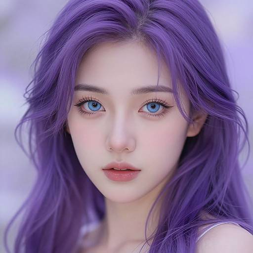 Digital artwork of an Asian woman with striking blue eyes, pale skin, and vibrant purple hair, gazing directly at the camera.