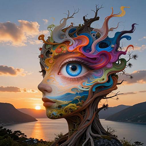 Digital art of a surreal, tree-like woman with vibrant, swirling colors, a large blue eye, and a sunset over a lake.