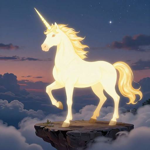 Digital art: Glowing white unicorn with golden mane and tail stands on a rocky cliff, surrounded by clouds at twilight.
