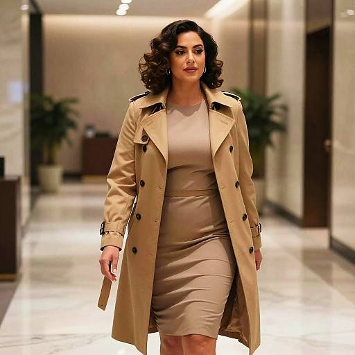 Confident Woman in Camel Trench Coat in Corporate Lobby