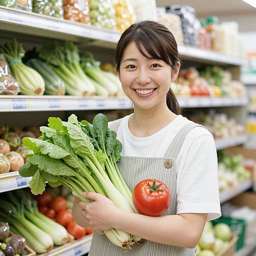 Joyful Japanese Woman in Farm Shop