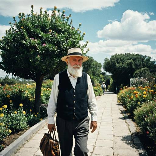 Elderly Man Walking in Flower Garden