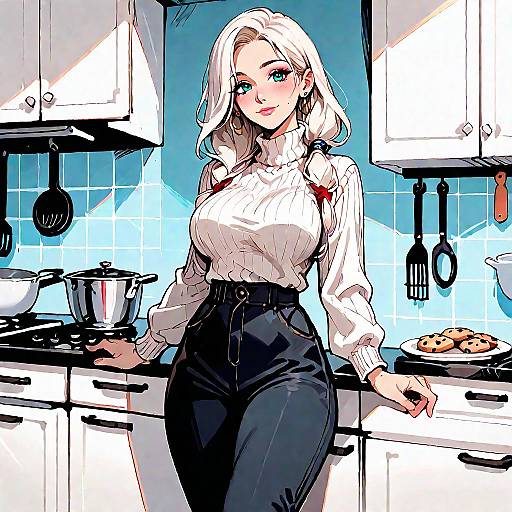 Digital anime-style drawing of a blonde woman with blue eyes, wearing a white turtleneck and black high-waisted pants, standing in a modern