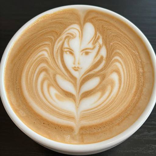 Photograph of a latte with intricate, white foam leaf pattern on top, set against a dark, textured background.