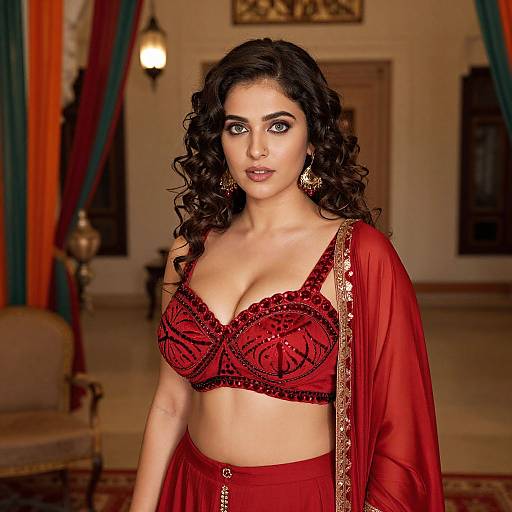 Photograph of a beautiful South Asian woman with curly black hair, wearing a red sequined bra and matching saree, in a luxurious, warmly lit