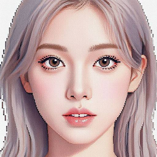 Digital pixel art portrait of a young Asian woman with long, silver-gray hair, fair skin, large brown eyes, and soft pink lips.