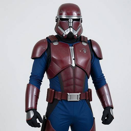 Photograph of a male figure in dark blue bodysuit, maroon armored shoulder and chest plates, matching helmet, and gloves. White background.