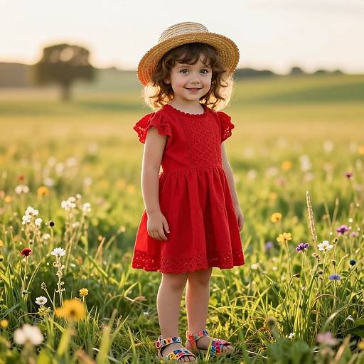Photograph of a smiling young girl with curly brown hair, wearing a red lace dress, straw hat, and colorful sandals, standing in a sunlit