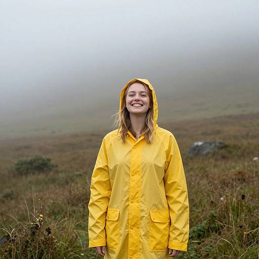 Photograph of a smiling woman with light brown hair, wearing a bright yellow raincoat, standing in a misty, grassy field.