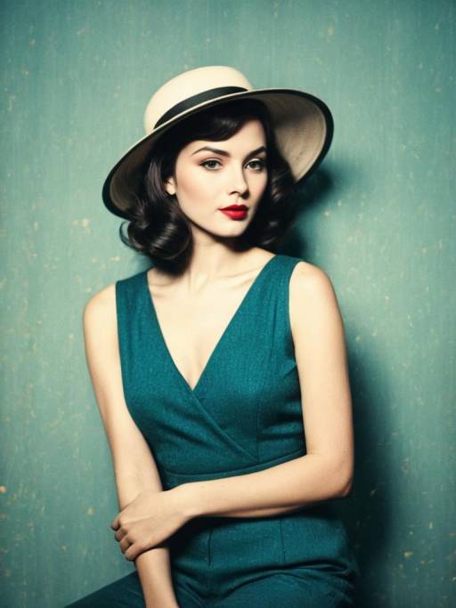 Elegant woman in wide-brimmed hat and teal dress