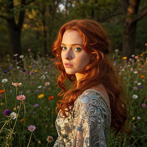 Photograph of a fair-skinned, red-haired woman with green eyes, wearing an ornate, silver-gray dress, standing in a sunlit,