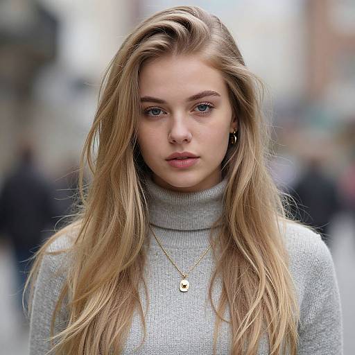 Photograph of a young blonde woman with long, wavy hair, wearing a light gray turtleneck and gold necklace, standing in a blurred,
