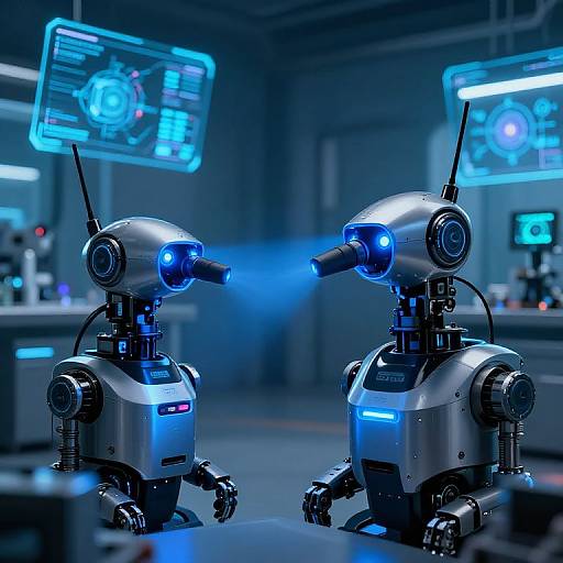 Photograph of two silver robotic drones with blue glowing eyes and sensors, facing each other in a futuristic, blue-lit laboratory.