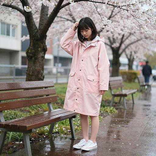Serene Teen in Pink Raincoat by Cherry Blossoms