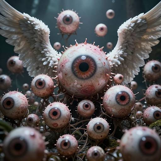 Digital artwork of a central, eye-covered, spiky orb with white wings, surrounded by numerous smaller, similar orbs floating in a dark forest.