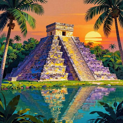 Vibrant Mayan Temple in Jungle Sunset
