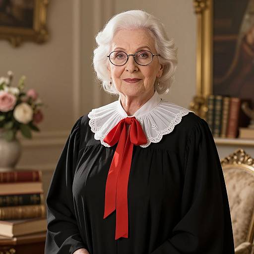 Elderly woman with white hair, glasses, black dress, white lace collar, red bow, standing in elegant room with books and flowers.