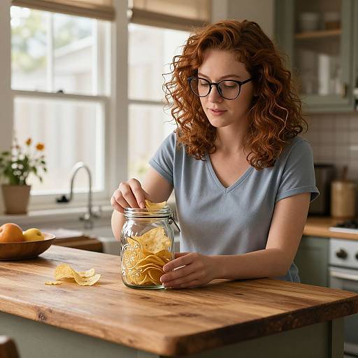 Woman Storing Chips in Rustic Kitchen