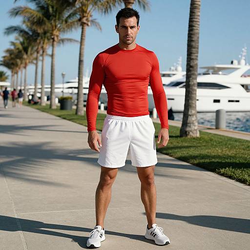 Photograph of a muscular man with short black hair, wearing a red long-sleeve shirt, white shorts, and white sneakers, standing on a