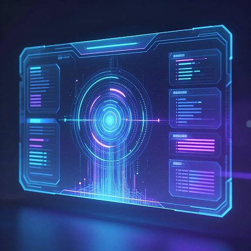 Neon blue and purple digital interface with glowing circular center, surrounded by technical lines and text boxes, set against dark background. Cybernetic, futuristic