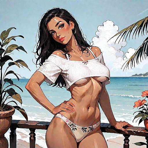 Woman in Crop Top and Bikini on Beachfront Balcony