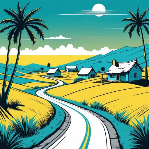 Tropical Countryside Road and Houses Illustration