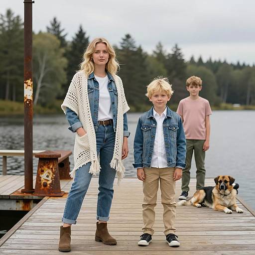 Family on Wooden Dock by Lake