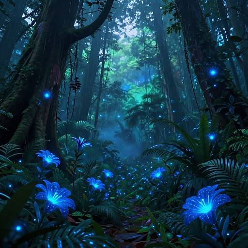 Enchanting digital artwork of a dense, dark forest illuminated by glowing blue fireflies and bioluminescent flowers, with misty, ethereal