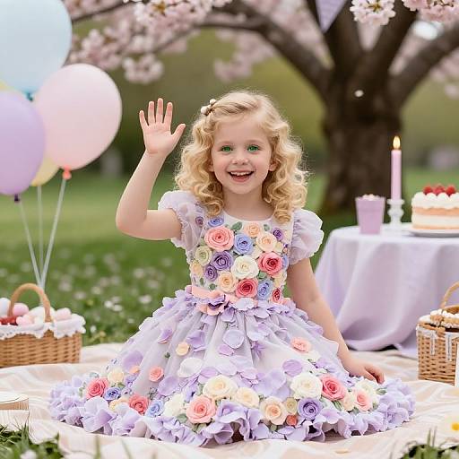 Photograph of a blonde, curly-haired little girl in a lavender floral dress, waving joyfully outdoors at a picnic with balloons, candles, and baskets