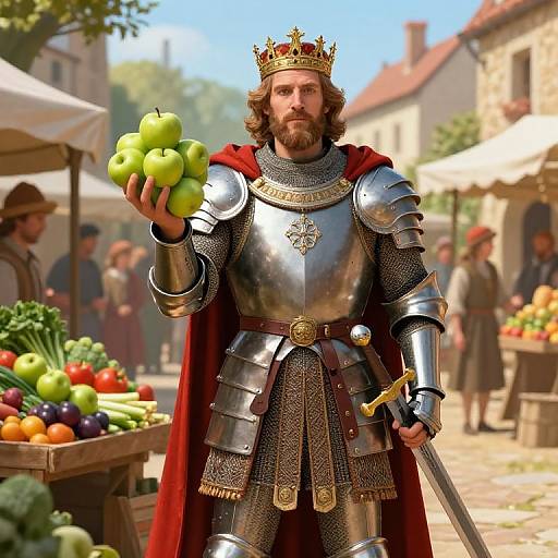 Medieval knight with golden crown, red cape, and silver armor holds green apples, standing in a vibrant marketplace with vegetables and people. CGI artwork.