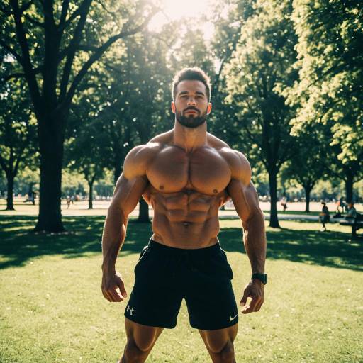 Muscular Man Standing in Sunlit Park