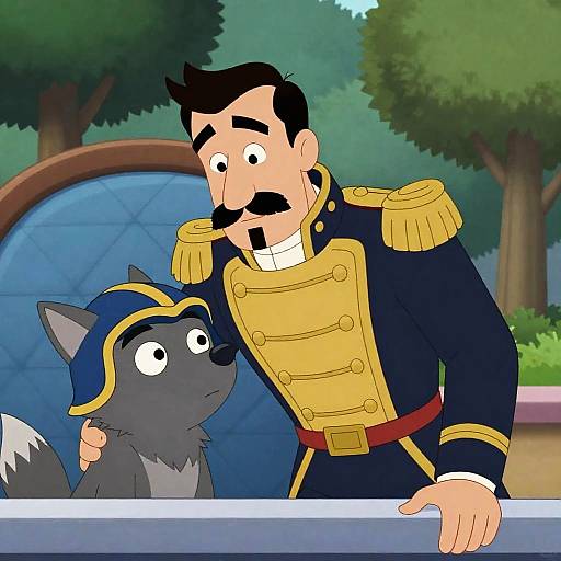 Cartoon Military Officer and Wolf Creature