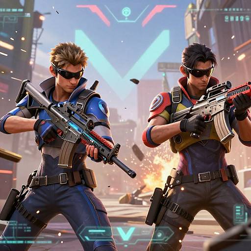 Digital artwork of two muscular, sunglasses-wearing male soldiers in tactical gear, firing futuristic rifles in a cityscape with explosions.