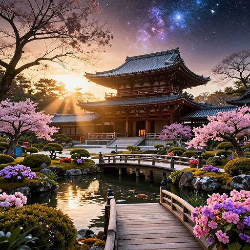 Photograph of a traditional Japanese garden at sunset, featuring a pagoda-style building, cherry blossoms, a wooden bridge over a pond, and a