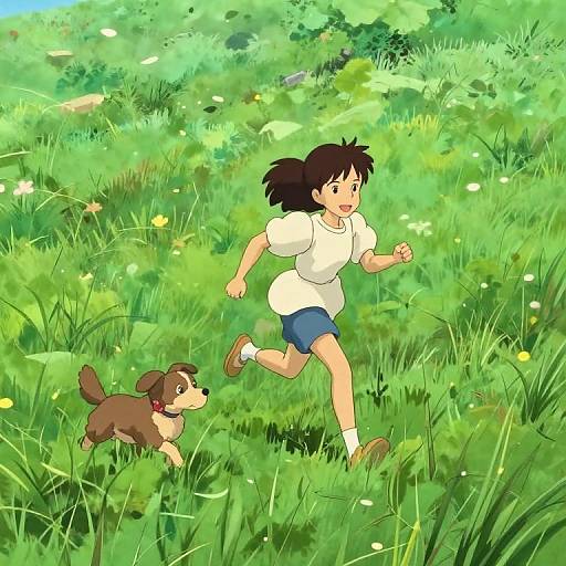 Digital anime-style drawing of a girl with black hair in a ponytail, white shirt, and blue shorts, running through a vibrant, green, flower