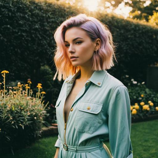 Fashion Model with Pastel Hair in Garden
