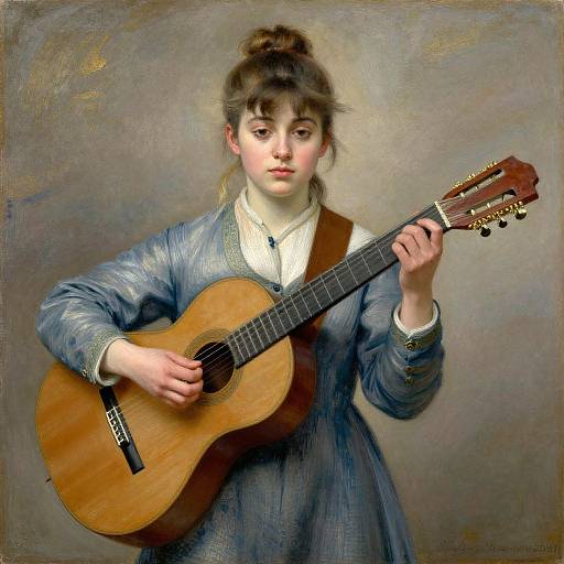 Digital painting of a young woman with fair skin and brown hair in a bun, wearing a blue dress, playing a wooden guitar against a textured gray background