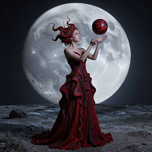 Digital art: Pale woman with flowing red hair and dark red, ruffled gown balances red orb under large full moon in dark, rocky landscape.