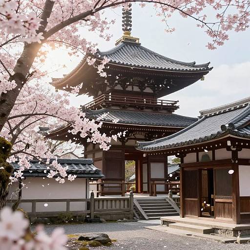 Cherry Blossoms by Ancient Japanese Temple
