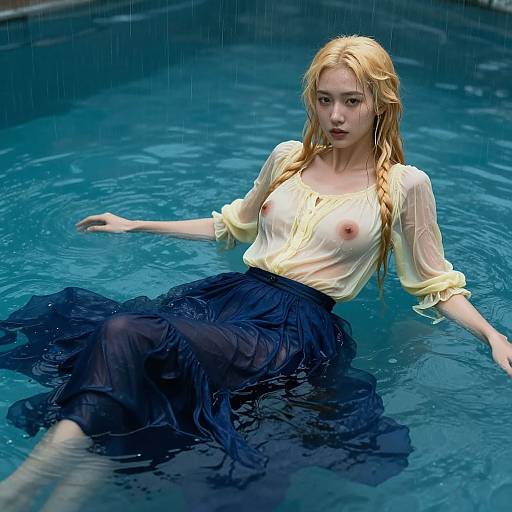 Photorealistic digital art of a blonde woman with wet, see-through yellow blouse, exposing small breasts, and black skirt, reclining in a blue