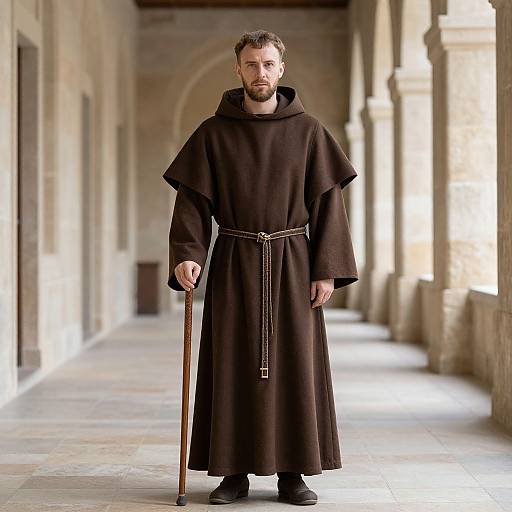 Photograph of a bearded man in a brown monk's robe, holding a wooden staff, standing in a sunlit stone corridor.