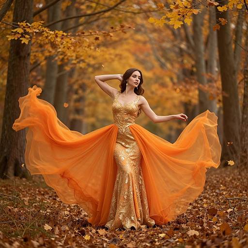 Photograph of a fair-skinned woman with dark hair, wearing a gold sequin dress with a flowing orange skirt, dancing in an autumn forest with