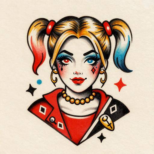 Colorful comic-style drawing of Harley Quinn with blonde pigtails, blue and red eye makeup, red lipstick, gold necklace, and hoop earrings.
