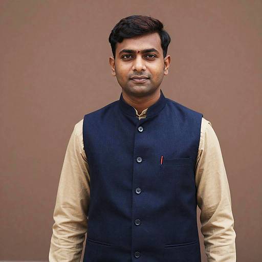 Photograph of a young South Asian man with short black hair, medium build, wearing a black vest over a beige shirt, against a plain brown background