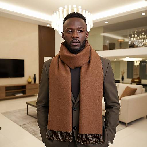Photograph of a serious Black man with short beard, wearing a brown scarf, dark suit, standing in a modern, brightly lit living room with ch