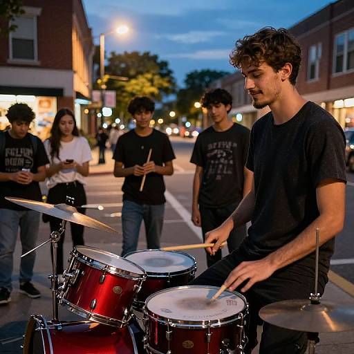Photograph of a young man with curly brown hair, playing red drum set on a street at dusk, surrounded by four friends in black t-shirts,
